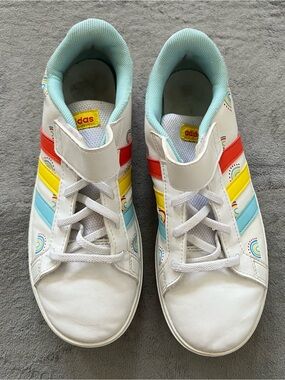 Adidas Grand Court Top Strap Cloud White w/Bold Orange,Yellow,&Lt.Blue Stripes
